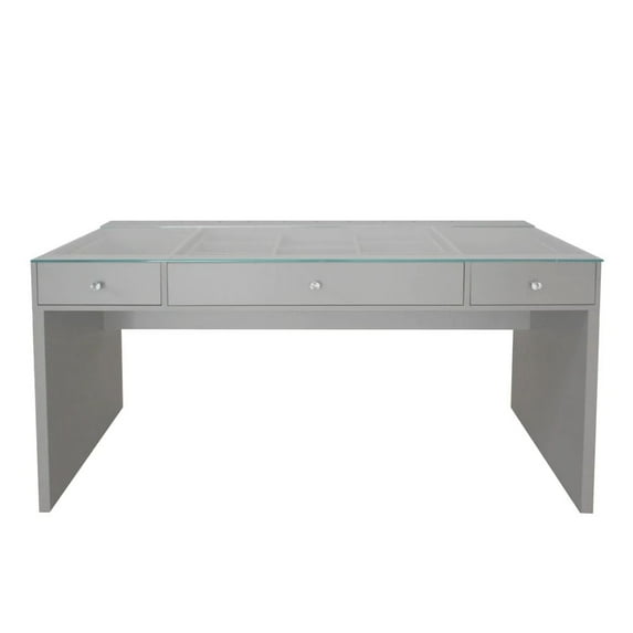 Impressions Vanity Slay Station Naomi Vanity Table with 3 Drawer Units and Glass Table Top (Silver)