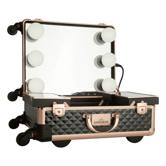 Impressions Vanity SlayCase XL Vanity Travel Case Black and Rose Gold Studded with LED Light