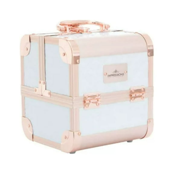 Impressions Vanity SlayCube Makeup Travel Case with Vanity Top Mirror(White & Rose Gold Studded)