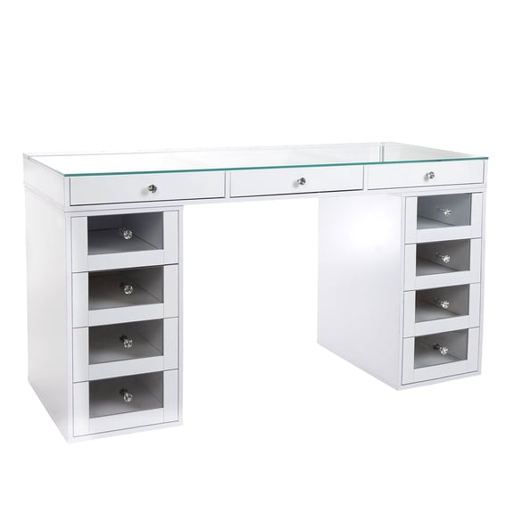 Impressions Vanity SlayStation 2.0 Tabletop and 4 Drawer Unit Vanity Desk, Clear Glass Table Top, 2x Storage Unit for Bedroom (Bright White)