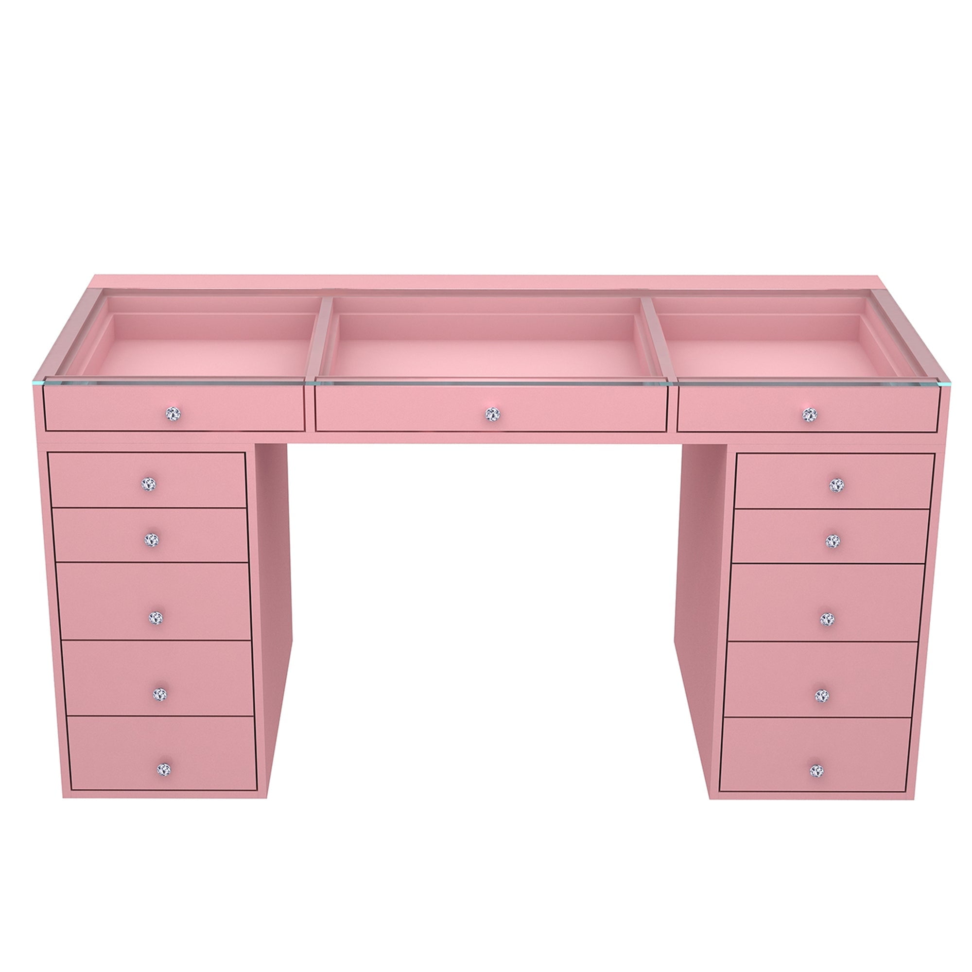 Light Pink Glossy MDF Vanity Desk with Clear Glass Top and 5 Drawers