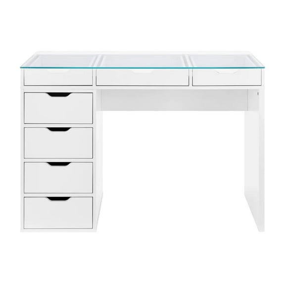 Impressions Vanity SlayStation Kendall Vanity Table with Drawers and Clear Glass Top (White)