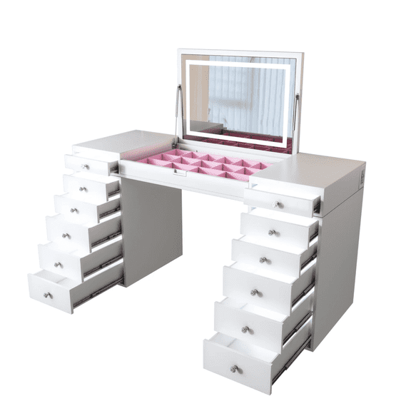 Impressions Vanity SlayStation Madison Vanity Table with Flip Top LED Mirror, Removable Storage Tray