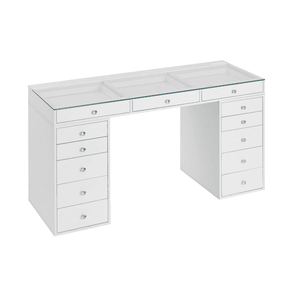 Impressions Vanity SlayStation Pro 2.0 Vanity Table with Clear Glass Top and 13 Drawers