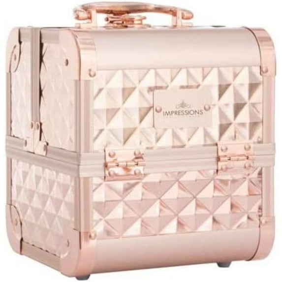 Impressions Vanity Slaycube Travel Makeup Case with Adjustable Divider, Makeup Organizer(Rose Gold Studded)