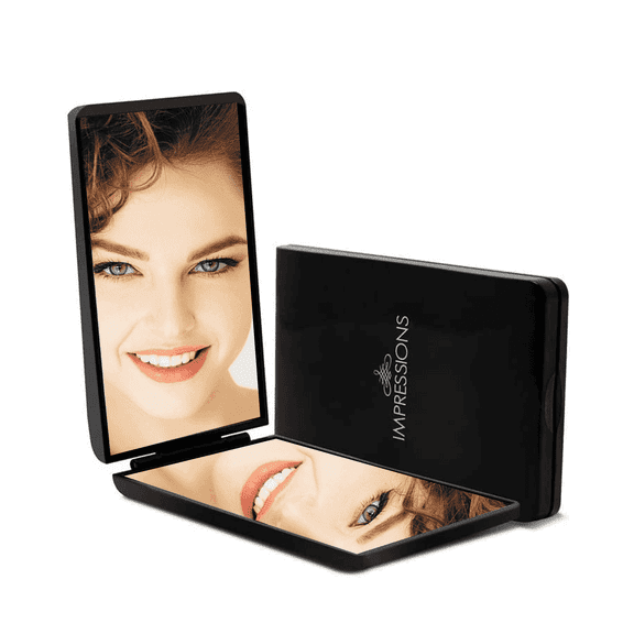 Impressions Vanity Slayssentials Bifold Compact Mirror with 1x and 2x Magnifying Glass, Portable Makeup Mirror (Black)