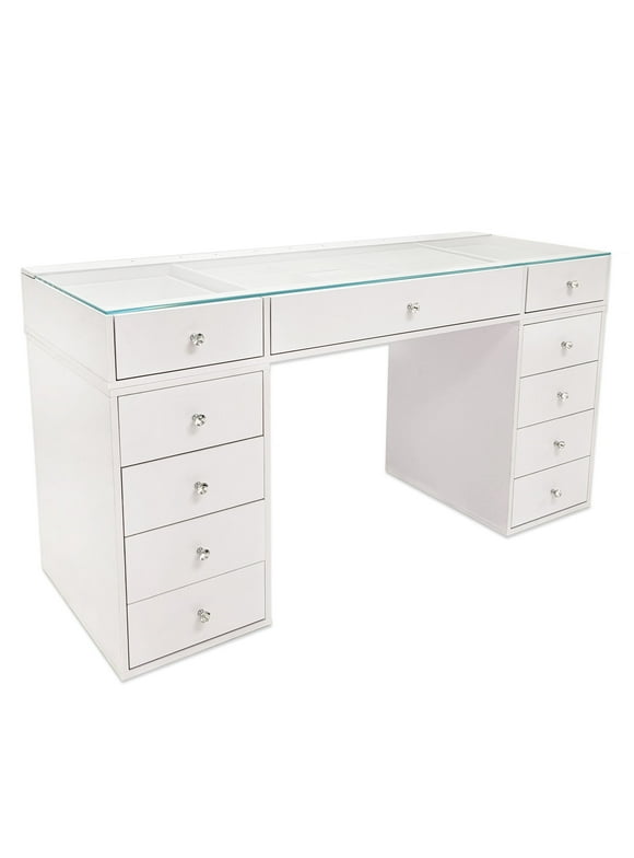 Impressions Vanity Slaystation Naomi Vanity Desk with Glass Tabletop with 10 Storage Drawers (White)