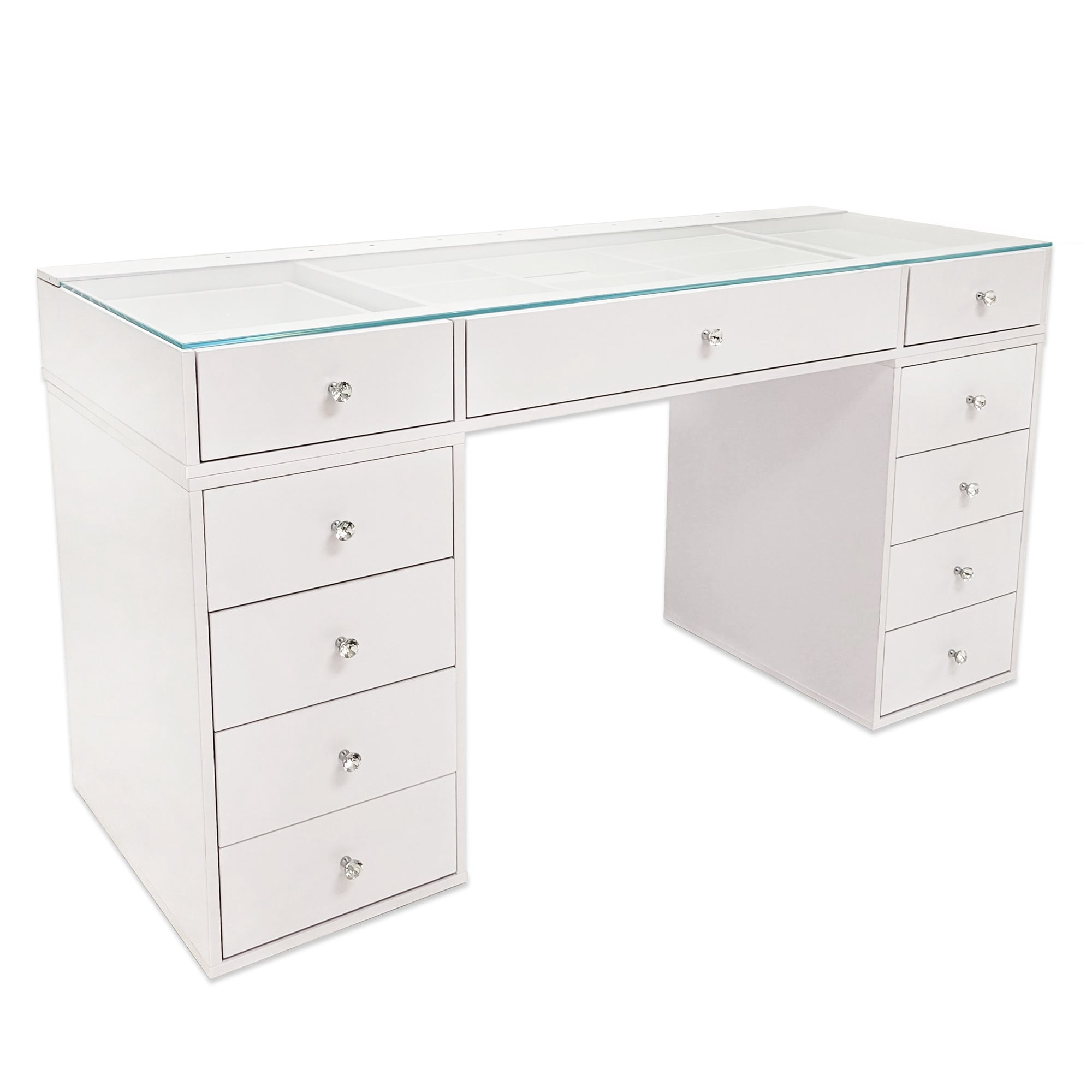 Impressions Vanity Naomi Desk with Mirrored Glass Top, Makeup Set & 10 Storage Drawers, White