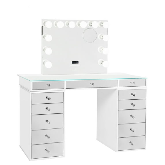 Impressions Vanity Slaystation Plus 2.0 Desk with Drawers for Makeup Station, Tabletop Vanity Mirror Desks with Crystal Lux Knobs (Bright White)
