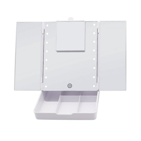 Impressions Vanity Touch Trifold LED Makeup Mirror with Vanity Organizer, 7X Magnifying Desk Mirror with Standing Base and USB Cable