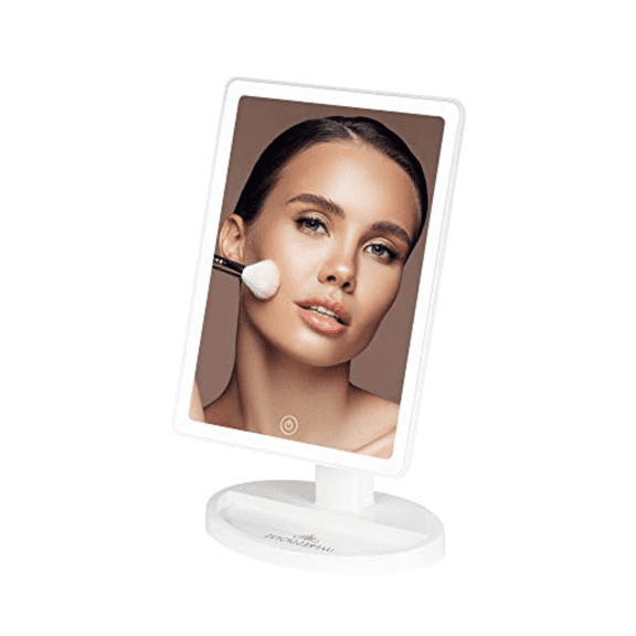Impressions Vanity Touch Ultra Dimmable LED Makeup Mirror, Tabletop Lighted Cosmetic Mirror with 360 Degree Rotation, Touch Sensor, Catchall Storage and Double Power Supply (White)