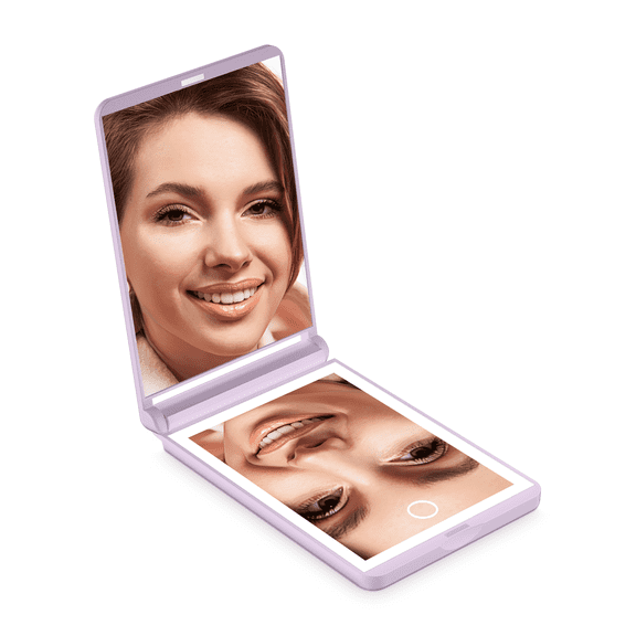 Impressions Vanity TouchUp 2.0 LED Compact Mirror with Magnification, Ultra Slim Bifold Wire Free Lighted Travel Makeup Mirror with Adjustable Brightness, and Touch Sensor (Lilac)