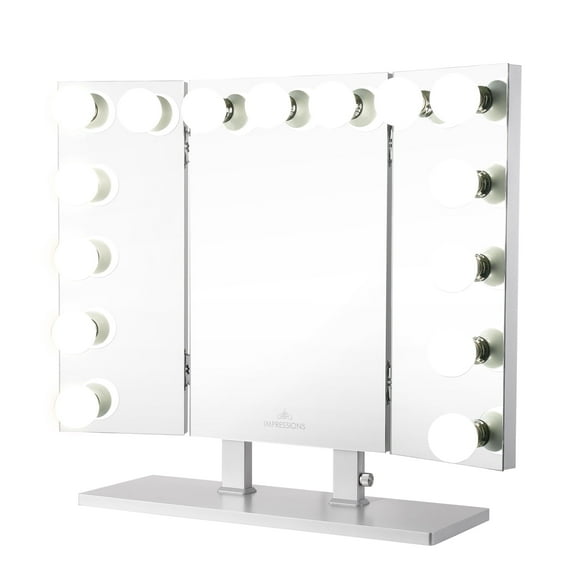 Impressions Vanity Trifecta Plus Vanity Mirror, Trifold Desk Makeup Mirror with Lights (Silver)