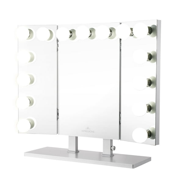 Impressions Vanity Trifecta Plus Vanity Mirror, Trifold Desk Makeup Mirror with Lights (Silver)