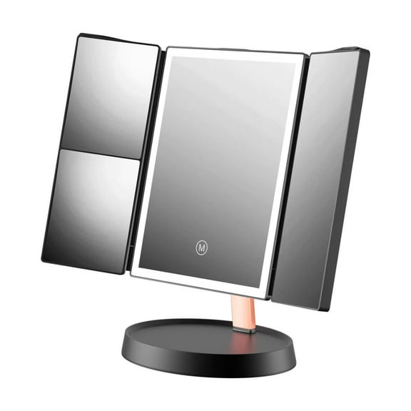 Impressions Vanity Trifold Makeup Mirror, Desk Mirror with Lights and 3X 2X Magnification (Black)