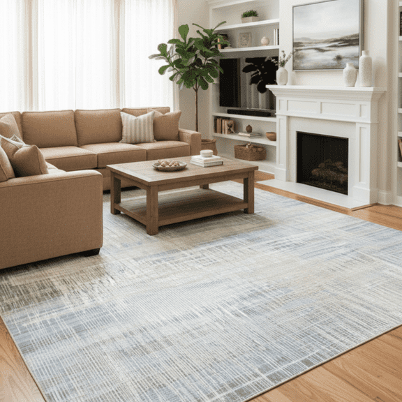 Impressive Collection Machine-Made Modern Beige Cream Blue 5'3" x 7'7" Area Rug for Living Room, Kitchen & Bedroom