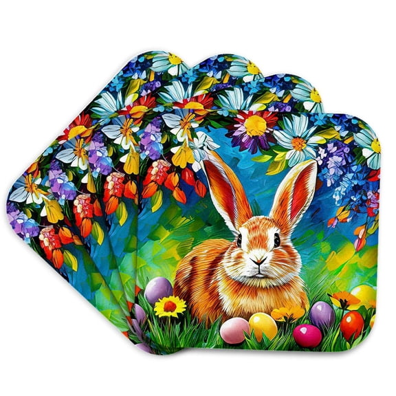 3drose, Impressive Ginger Easter Bunny, Colorful Eggs, Flowers Digital Art, Set of 4 Coasters - Soft