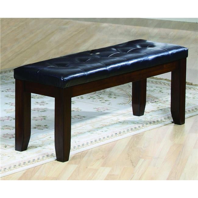 Black Faux Leather Tufted Bench with Dark Cherry Wood