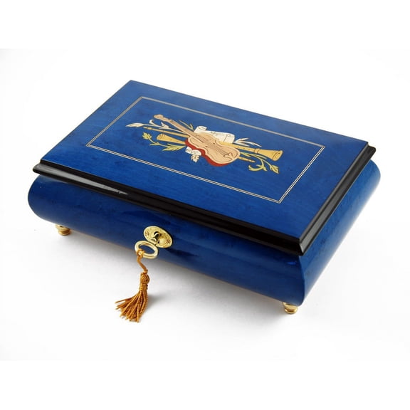 Impressive Royal Blue Instrument and Floral Wood Inlay Musical Jewelry Box - Dance of the Sugar Plum Fairy (Nutcracker Suite)