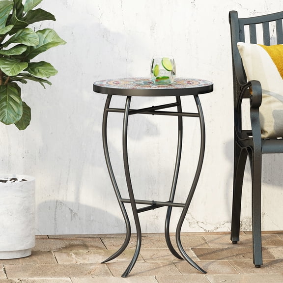 Impressive Side Table With Tile Mosaic Accent And Metal Body, 14"w X 14"d 21.25"h, Yellow Red Ceramic Tile, Assembly Required Fascinating Detail Base, 14" 21.25", Ceramic,