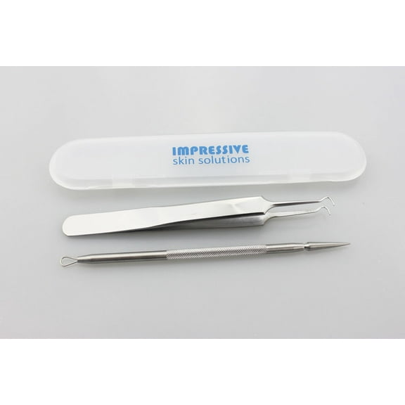 Impressive Skin Solutions Blackhead Remover Tool Kit Set 2 PCS Professional Surgical Stainless Steel Tweezer and Comedone Extractor
