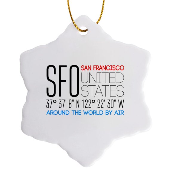 3drose, Impressive Text Sfo, San Francisco, United States, Location Data, 3 inch Snowflake Porcelain Ornament