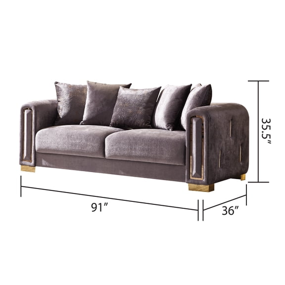 Impreza Modern Silver Velvet Sofa with Gold Accents - 3 Seater Birch Wood Frame, Luxurious Living Room Furniture, 91" Wide