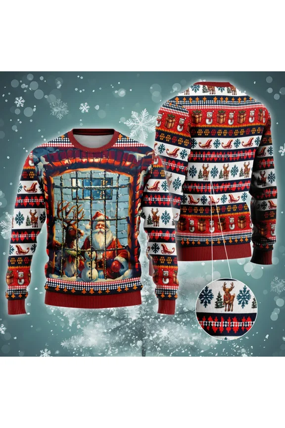Imprisoned Santa Ugly Christmas Sweater For Men Women, Santa Claus In Jail All Over Printed Ugly Sweater, Holiday Crewneck Unisex Pullover Sweater