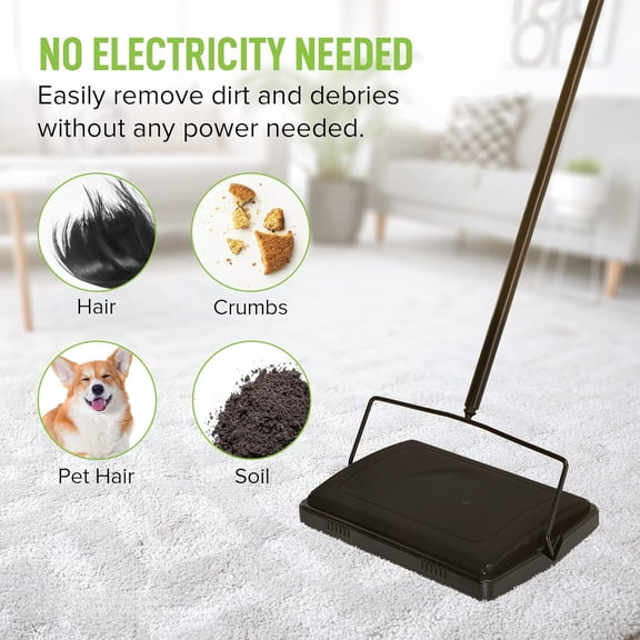 Improved Black Triple Brush Cordless Non-Electric Carpet Sweeper for Multi-Surface Hardwood & Carpeted Floors