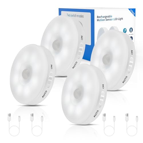 Improved LED Rechargeable Motion Sensor Light Indoor,Bright & Long-Lasting Battery,Stick-On Motion Sensor Puck Night Lights for Closet,Cabinet,Kitchen,Hallway,Stairs - Cool 4Pack