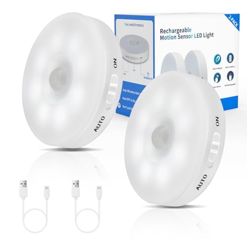 Improved LED Rechargeable Motion Sensor Light Indoor,Bright & Long-Lasting Battery,Stick-On Motion Sensor Puck Night Lights for Closet,Cabinet,Kitchen,Hallway,Stairs - Cool 2Pack