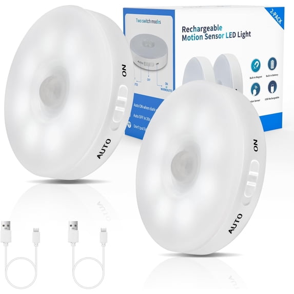 Improved LED Rechargeable Motion Sensor Light Indoor, Bright & Long-Lasting , Stick- Motion Sensor Puck Night Lights for Closet, Cabinet, Kitchen, Hallway, Stairs - Cool 2Pack