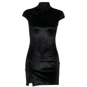 Improved cheongsam skirt oblique placket buckle black slimming slit dress-black-M