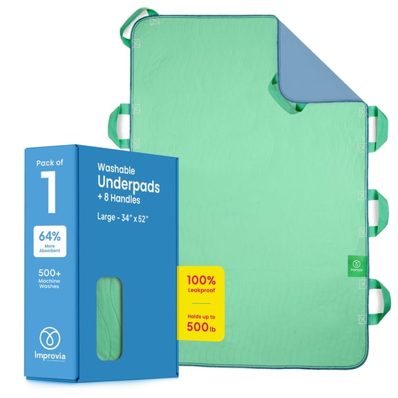 Improvia Washable Positioning Pad with 8 Handles for Incontinence, Waterproof Reusable, 34 x 52 in, 1-Pack (Green)