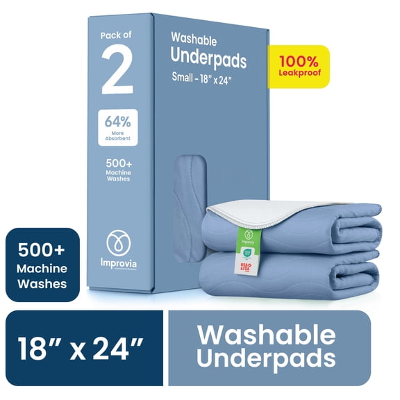 Improvia Washable Bed Pads for Incontinence, Waterproof Reusable, 18 x 24 in, 2-Pack (Blue & White)