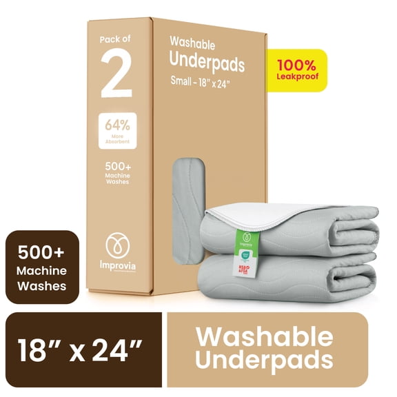 Improvia Washable Bed Pads for Incontinence, Waterproof Reusable, 18 x 24 in, 2-Pack (Gray & White)