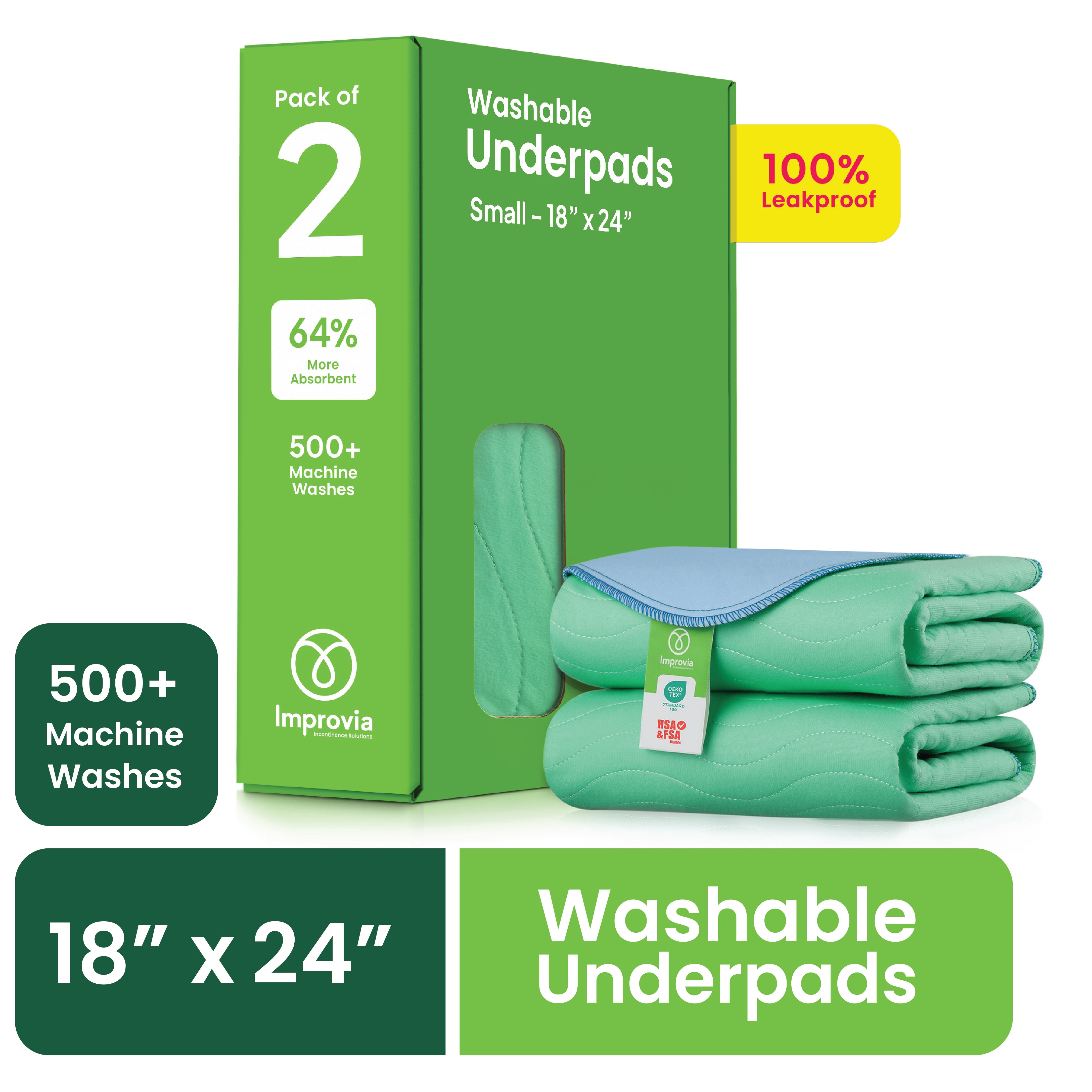 Improvia Washable Bed Pads for Incontinence, Waterproof Reusable, 18 x 24 in, 2-Pack (Green & Blue)