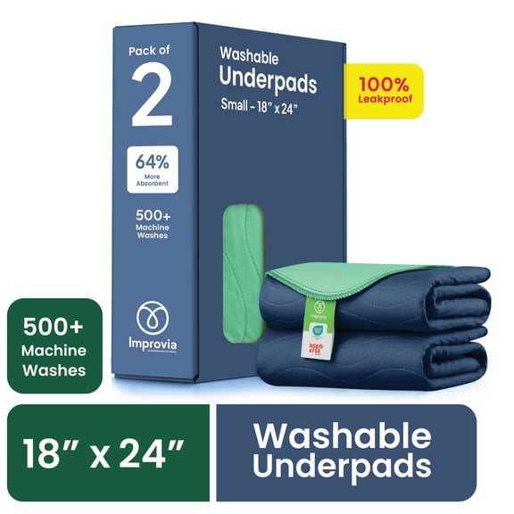 Improvia Washable Bed Pads for Incontinence, Waterproof Reusable, 18 x 24 in, 2-Pack (Navy & Green)