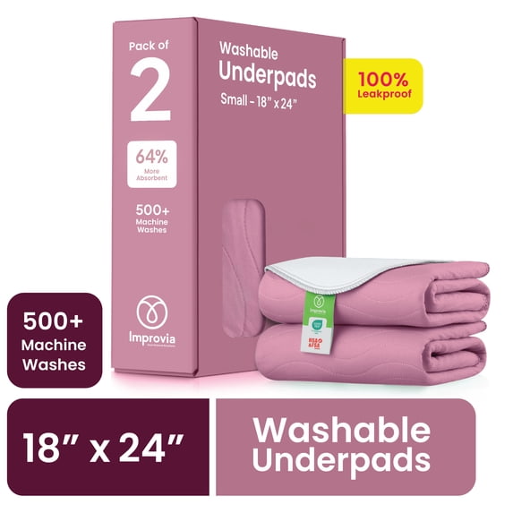 Improvia Washable Bed Pads for Incontinence, Waterproof Reusable, 18 x 24 in, 2-Pack (Pink & White)