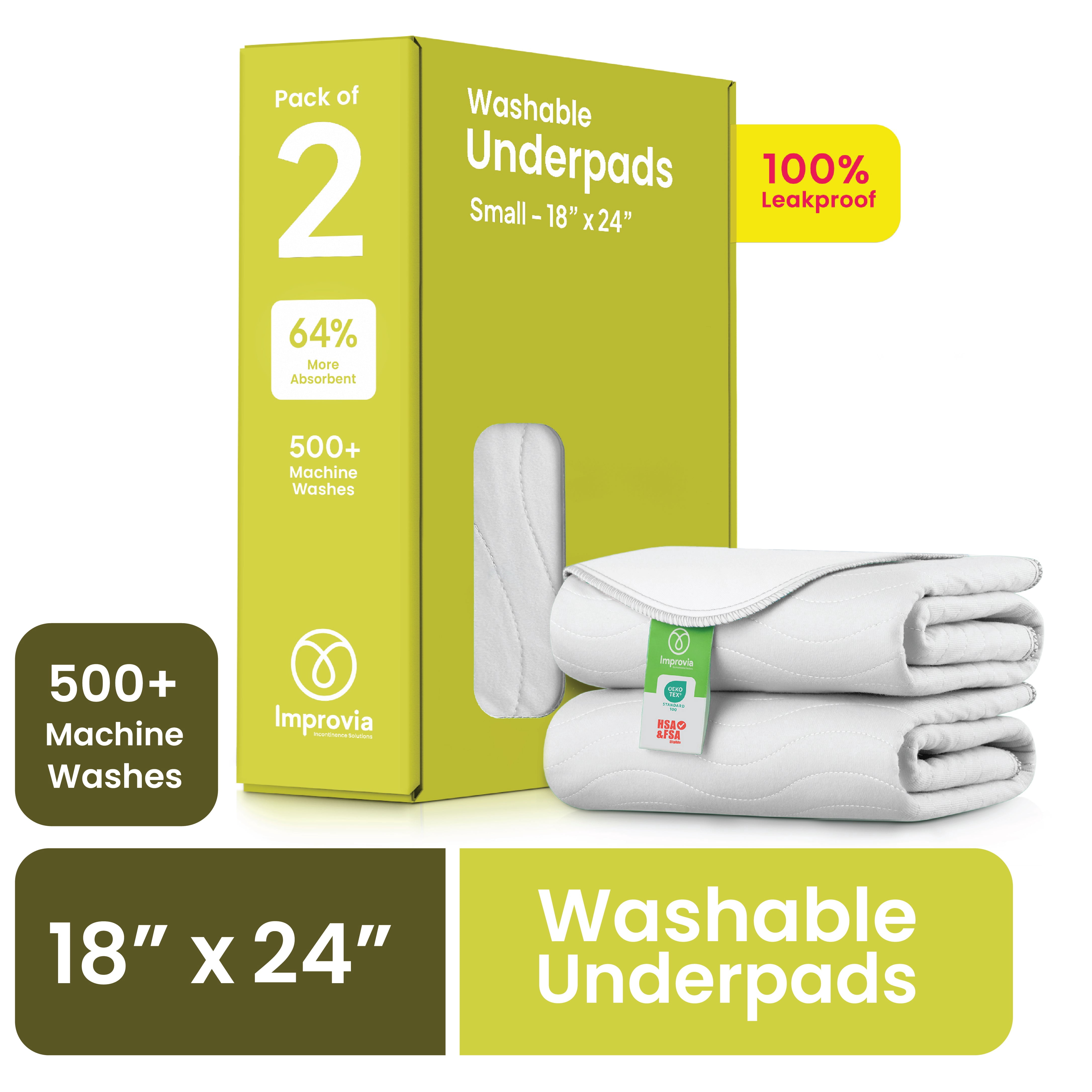 Improvia Washable Bed Pads for Incontinence, Waterproof Reusable, 18 x 24 in, 2-Pack (White & White)