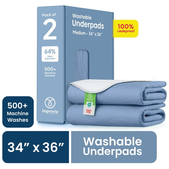Improvia Washable Bed Pads for Incontinence, Waterproof Reusable, 34 x 36 in, 2-Pack (Blue & White)