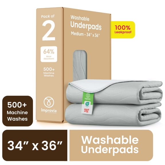 Improvia Washable Bed Pads for Incontinence, Waterproof Reusable, 34 x 36 in, 2-Pack (Gray & White)