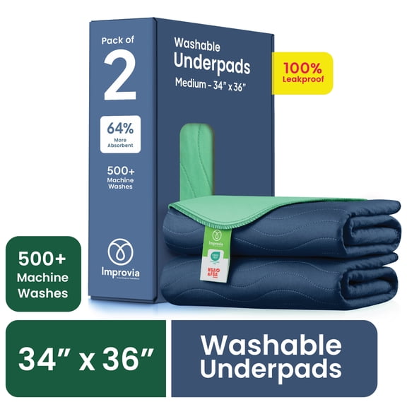 Improvia Washable Bed Pads for Incontinence, Waterproof Reusable, 34 x 36 in, 2-Pack (Navy & Green)