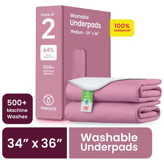 Improvia Washable Bed Pads for Incontinence, Waterproof Reusable, 34 x 36 in, 2-Pack (Pink & White)