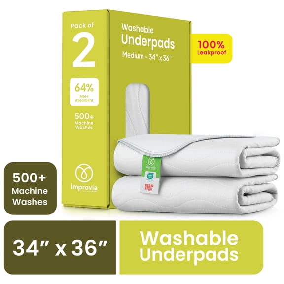 Improvia Washable Bed Pads for Incontinence, Waterproof Reusable, 34 x 36 in, 2-Pack (White & White)