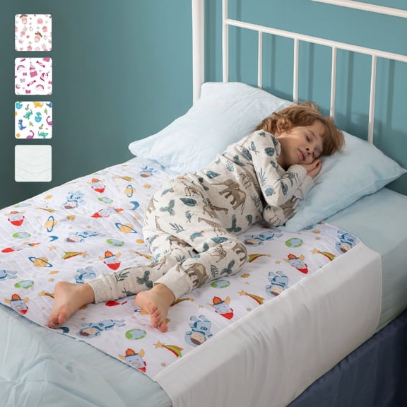 Improvia Washable Toddler Bed Pad for Potty Training, Waterproof Reusable with Tuck Sides, 34 x 36 in (Space Design)