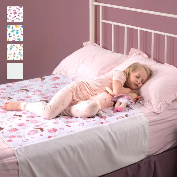 Improvia Washable Toddler Bed Pad for Potty Training, Waterproof Reusable with Tuck Sides, 34 x 52 in (Doll Design)