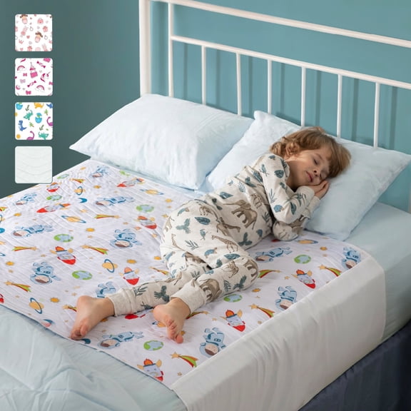 Improvia Washable Toddler Bed Pad for Potty Training, Waterproof Reusable with Tuck Sides, 34 x 52 in (Space Design)