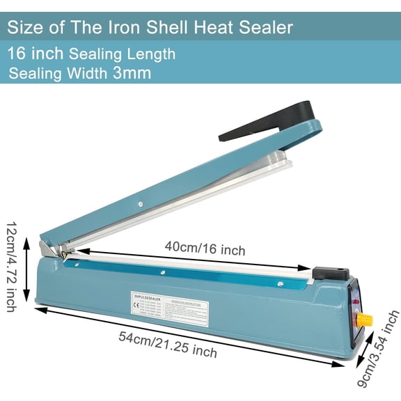 Impulse Sealer 16 inch Heat Sealer for Plastic Bags, Metal Plastic Bag Sealer Heat Seal, Mylar Bag Sealer, Manual Poly Bag Hot Seal Sealing Machine with 4 Repair Kit(2 Cutting Lines Included)