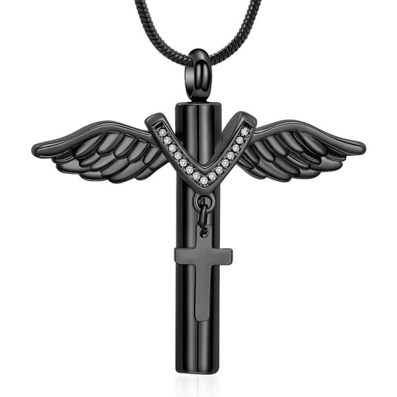 Wings Cylinder Cross Urn Necklace for Ashes for Men Women Cremation Jewelry Keepsake Locket Pendant for Loved One